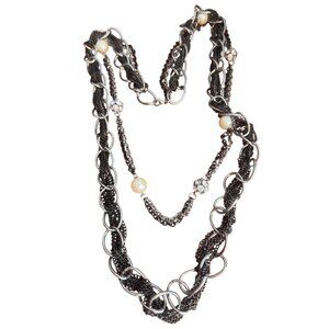 Layered Black Silver Tone Chain Necklace Faux Pearls Rhinestone Beads 26"